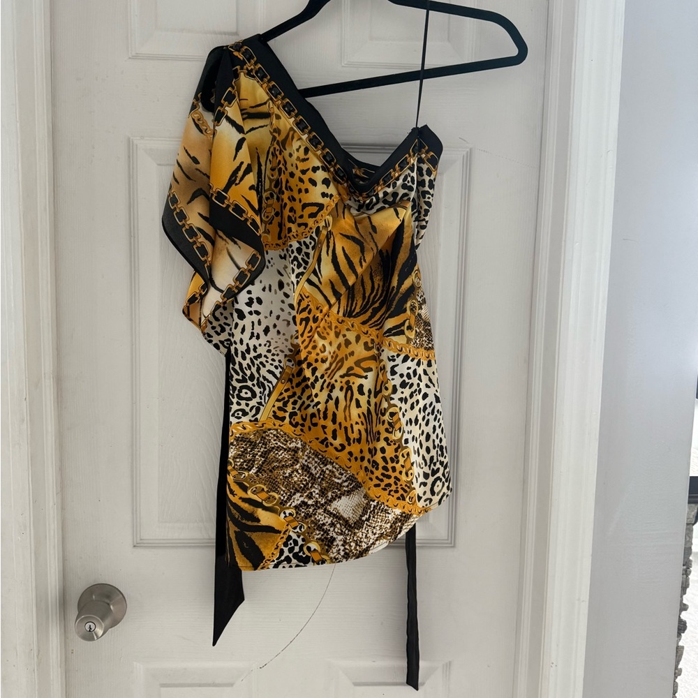 Cache  Beaded Vintage Leopard Print One-Shoulder Top